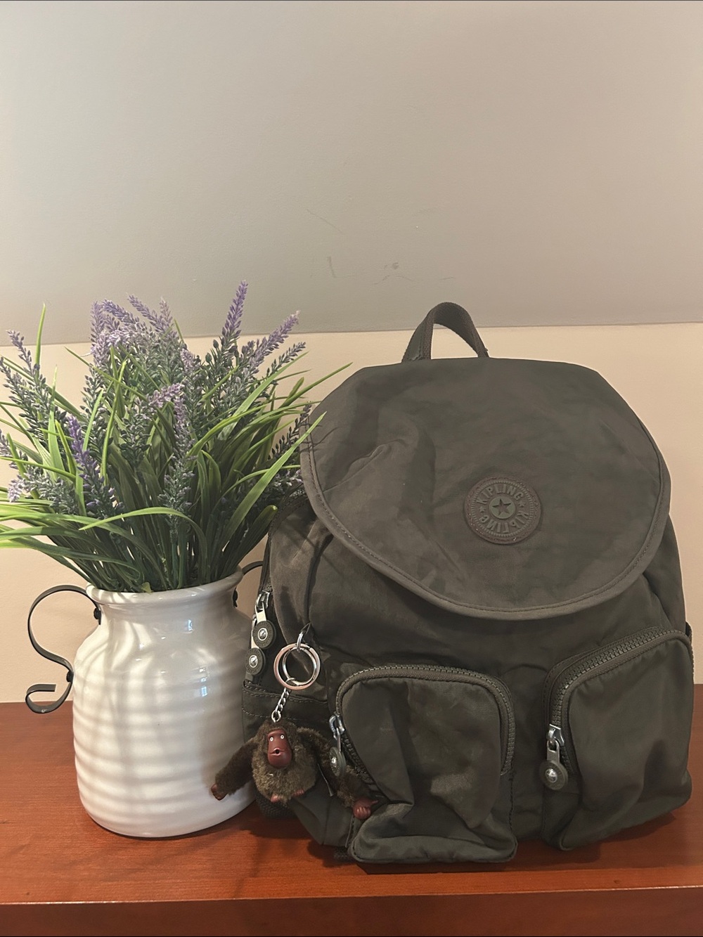 Kipling Dark Olive Green Backpack with Monkey Keychain